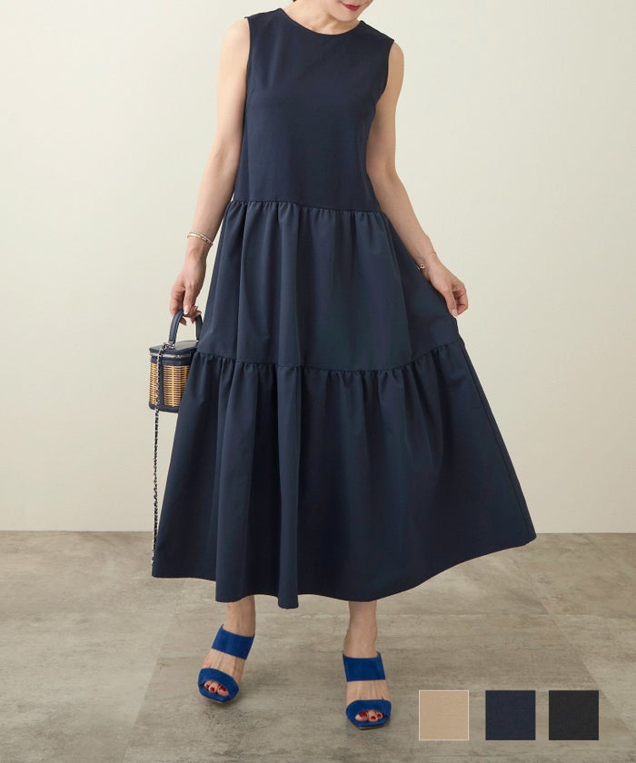 手洗い可 ノースリ ワンピース コットン レディース 黒 着回し 無地 春夏 きれいめ カジュアル かわいい 大人 体型カバー ジョイントスペース バックVリボン ノースリ ティアード ワンピース Liala×PG