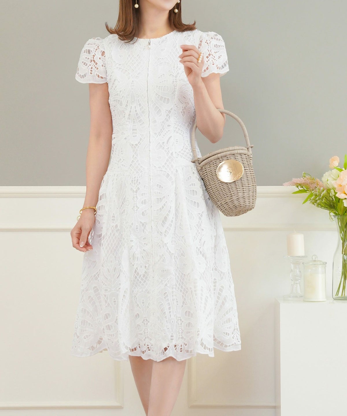 ワンピース レディース 白黒 ピンク 春夏 パール かわいい きれいめ 大人 ミモレ丈 お呼ばれ ジョイントスペース