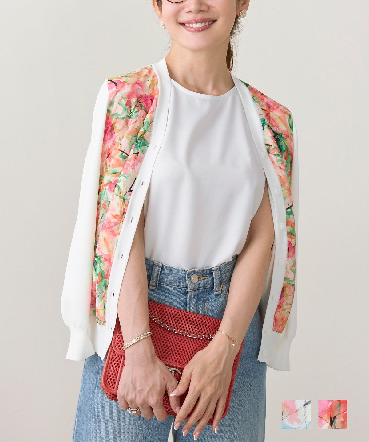 手洗い可春夏おしゃれ着こなしレディース白柄肩掛けオフィスカジュアルきれいめVネックトップス抜け感釦ボタン プリント柄 Vネック ニット カーディガン Liala×PG