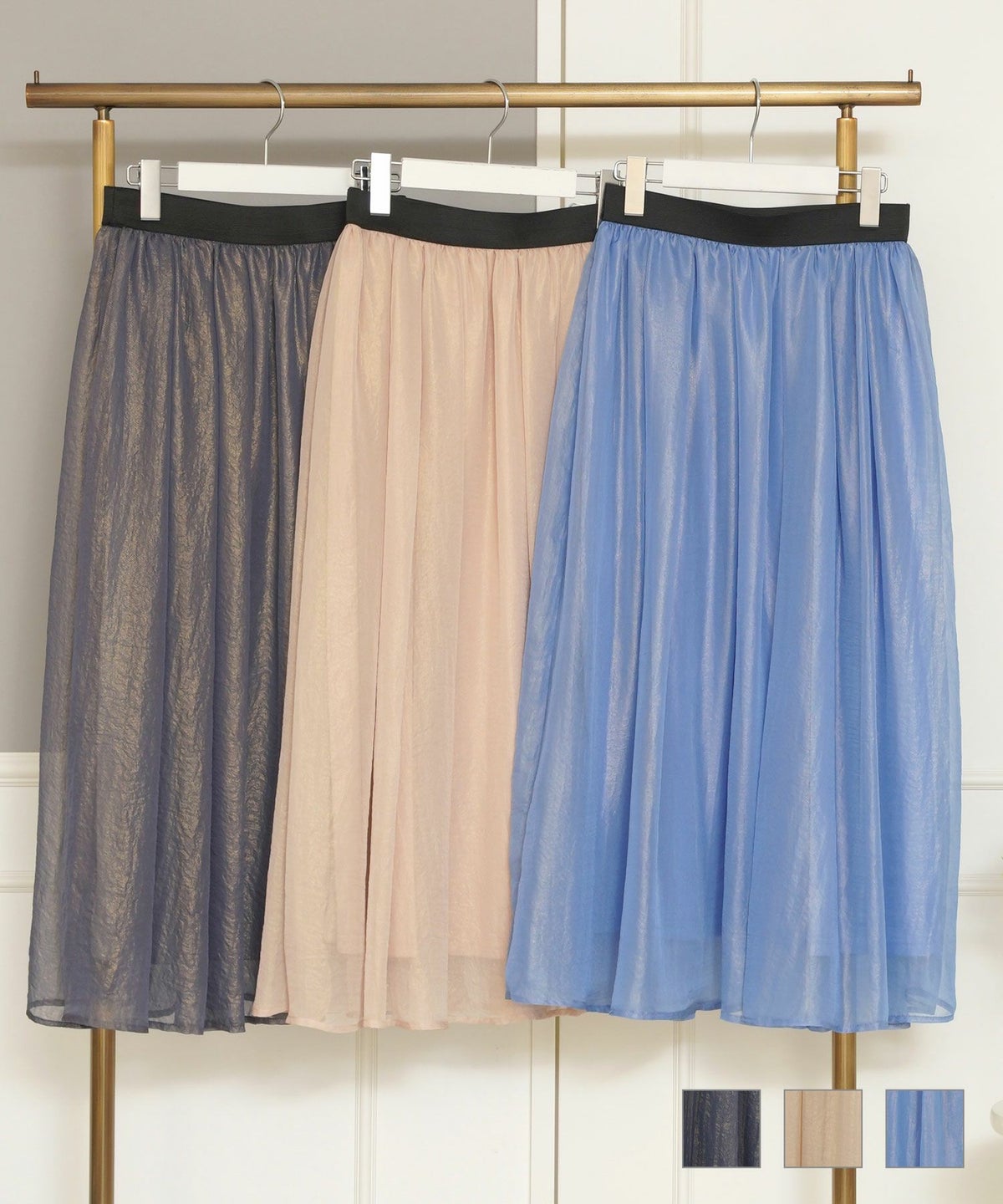 セレクト  スカート ウエストゴム 伸びる ドレープ ラメ 大人 フレア キラキラ 春夏 秋 きれいめ ジョイントスペース 箔プリント ウエストゴム ギャザー スカート Prima Scherrer