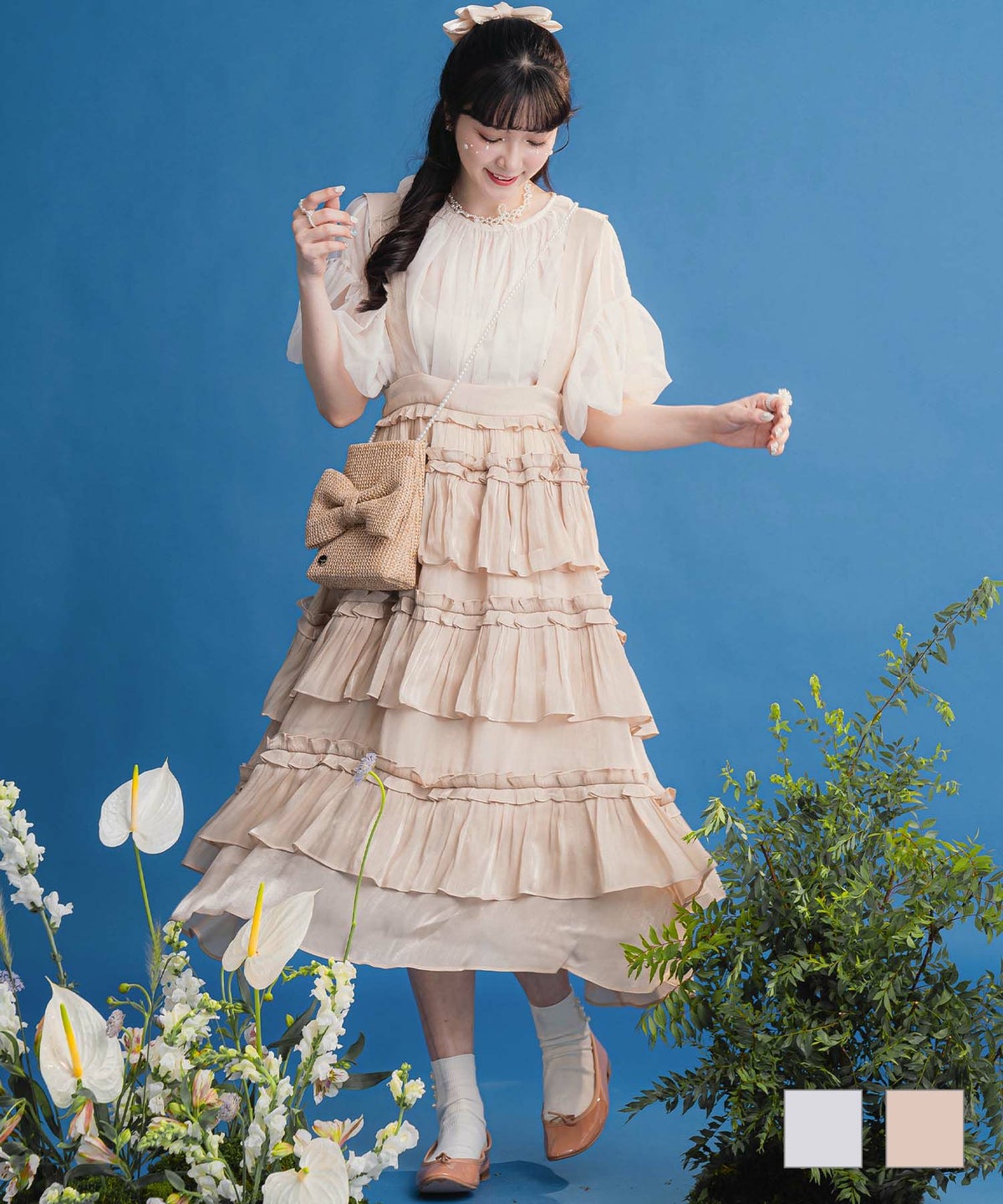 レディース ロング サス付き フリル スカート グレー ベージュ M サス付き フリル スカート miolite