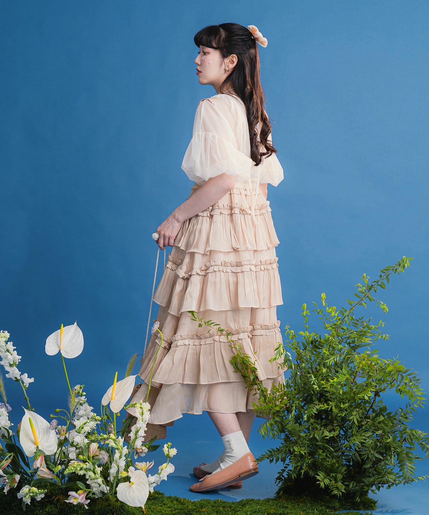 ベージュ　フリル付きロングドレス Mサイズ ロングドレス ステージドレス コンサート 衣装 演奏会 声楽 舞台