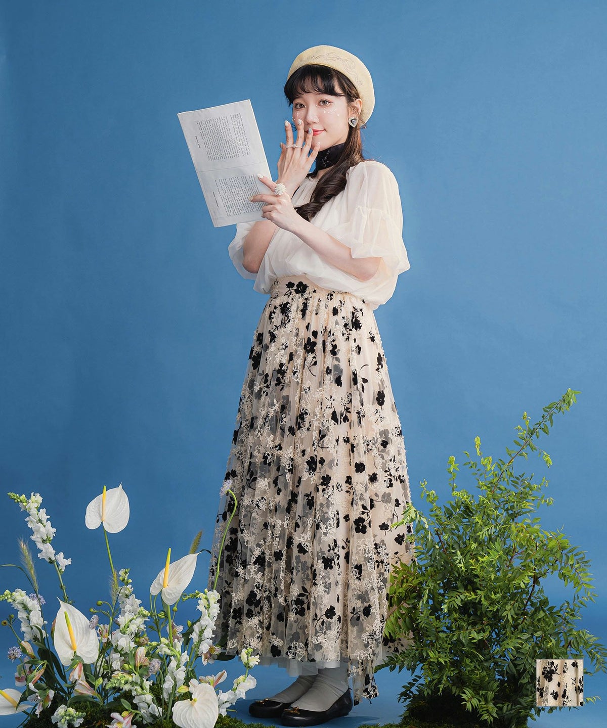 レディース オールシーズン 透け感 ウエストゴム ボリューム 花柄 チュール ギャザー スカート miolite