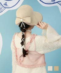 チャーム スリット つば広 夏 アイボリー ベージュ F パイピング バック リボン ハット miolite