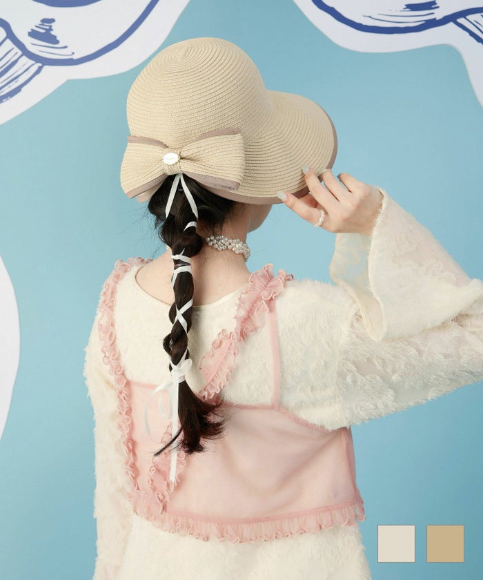 チャーム スリット つば広 夏 アイボリー ベージュ F パイピング バック リボン ハット miolite