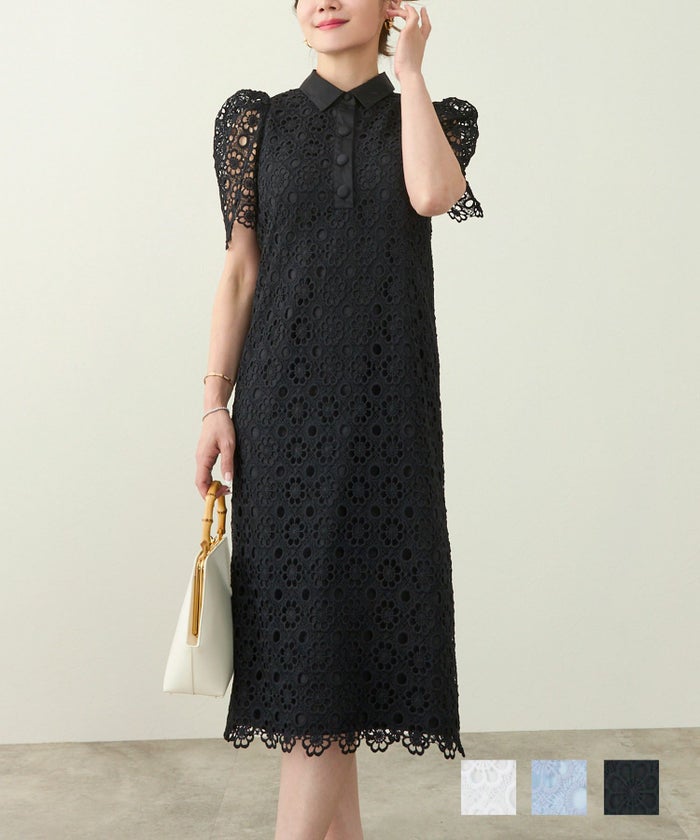 手洗い可 コーデ お呼ばれ 上品 清楚 夏 半袖 レディース おしゃれ 白黒 オフィス かわいい 大人 きれいめ ジョイントスペース レース シャツ襟 ワンピース Liala×PG