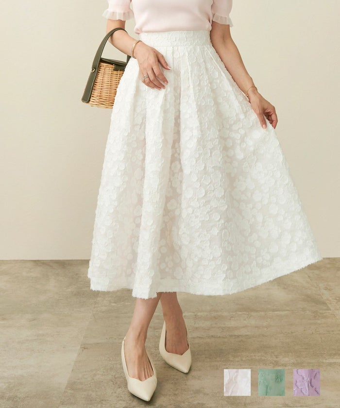 洗濯可 ジャガード スカート フレア 白 ロング きれいめ かわいい おしゃれ 大人 春夏 秋 柄 色 ジョイントスペース ジャガード ふんわり フレア スカート Liala×PG