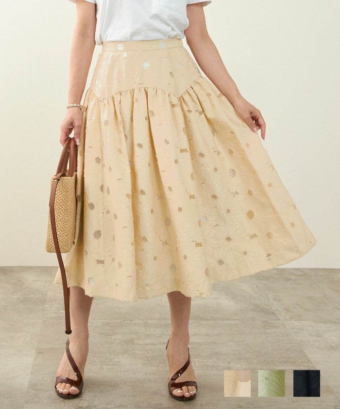 洗濯可 ジャガード スカート フレア きれいめ かわいい おしゃれ 大人 春夏 秋 柄 花 色 ジョイントスペース ウエストスカラ切り替え フラワー柄 スカート Liala×PG