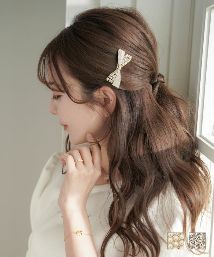 セレクト ヘアピン 髪留め リボン パール ビジュー ヘアクリップ リボンモチーフ ヘアクリップ le reve vaniller