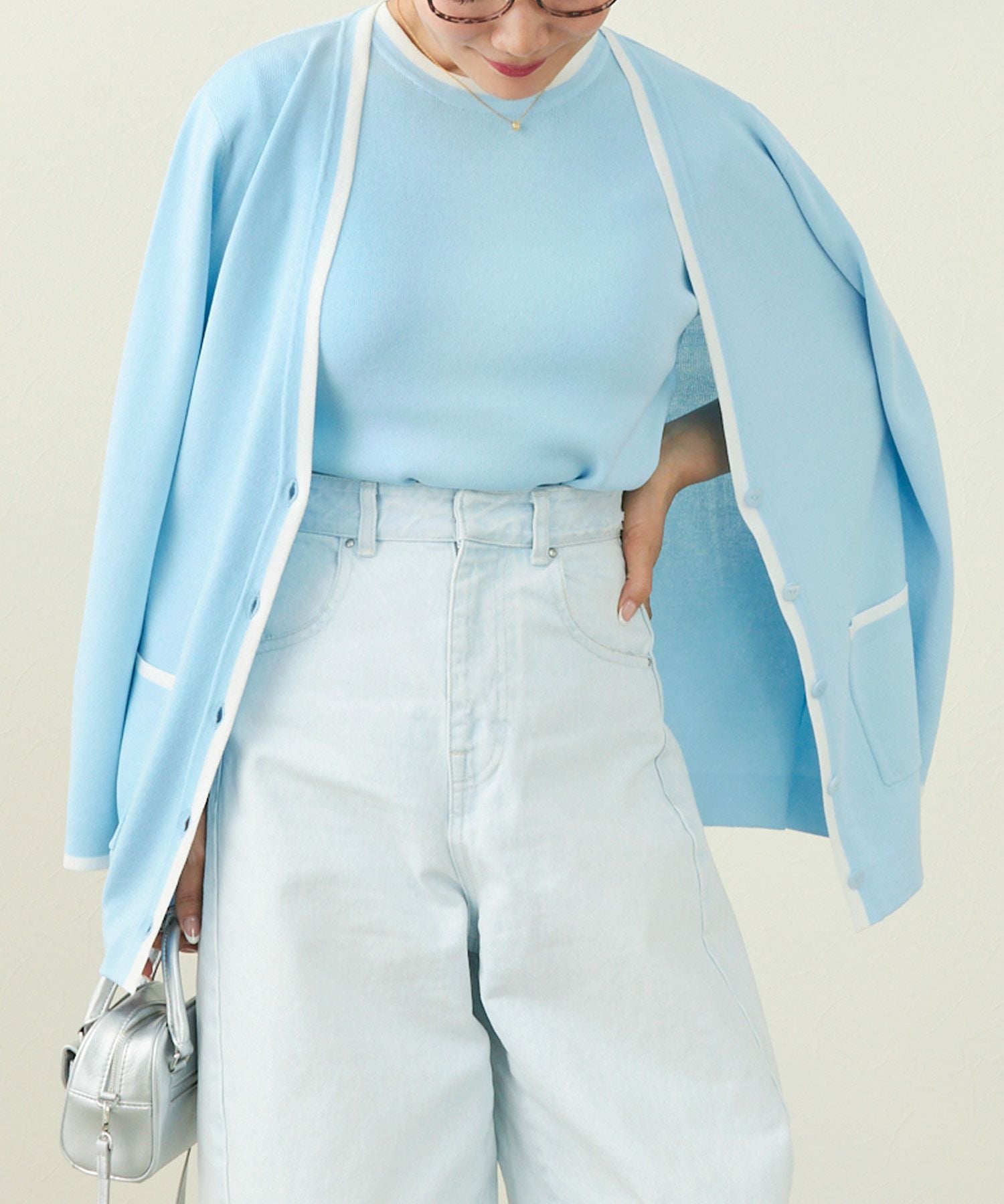 2点セット バイカラー Vネック カーディガン & 半袖 ニット