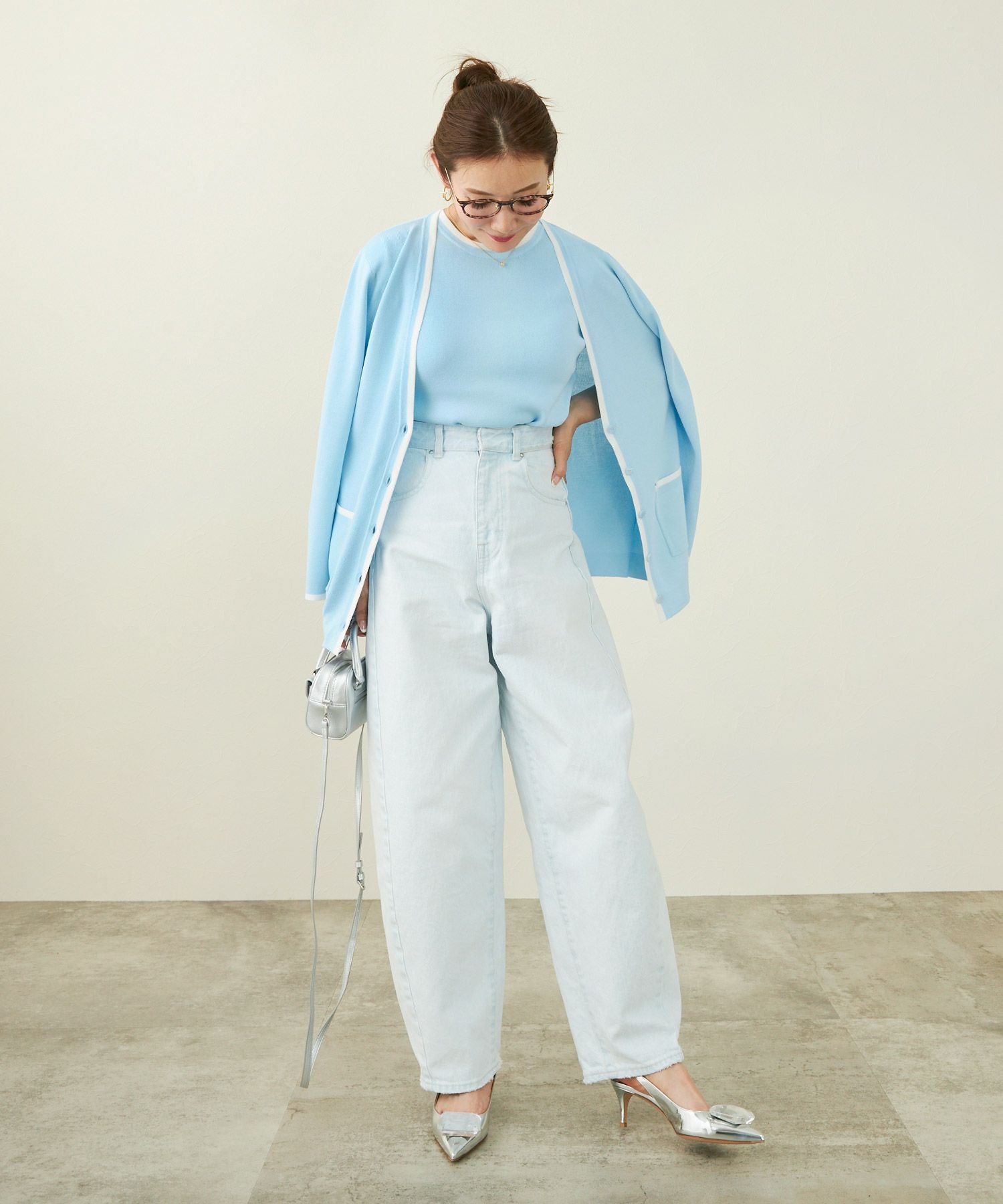 2点セット バイカラー Vネック カーディガン & 半袖 ニット