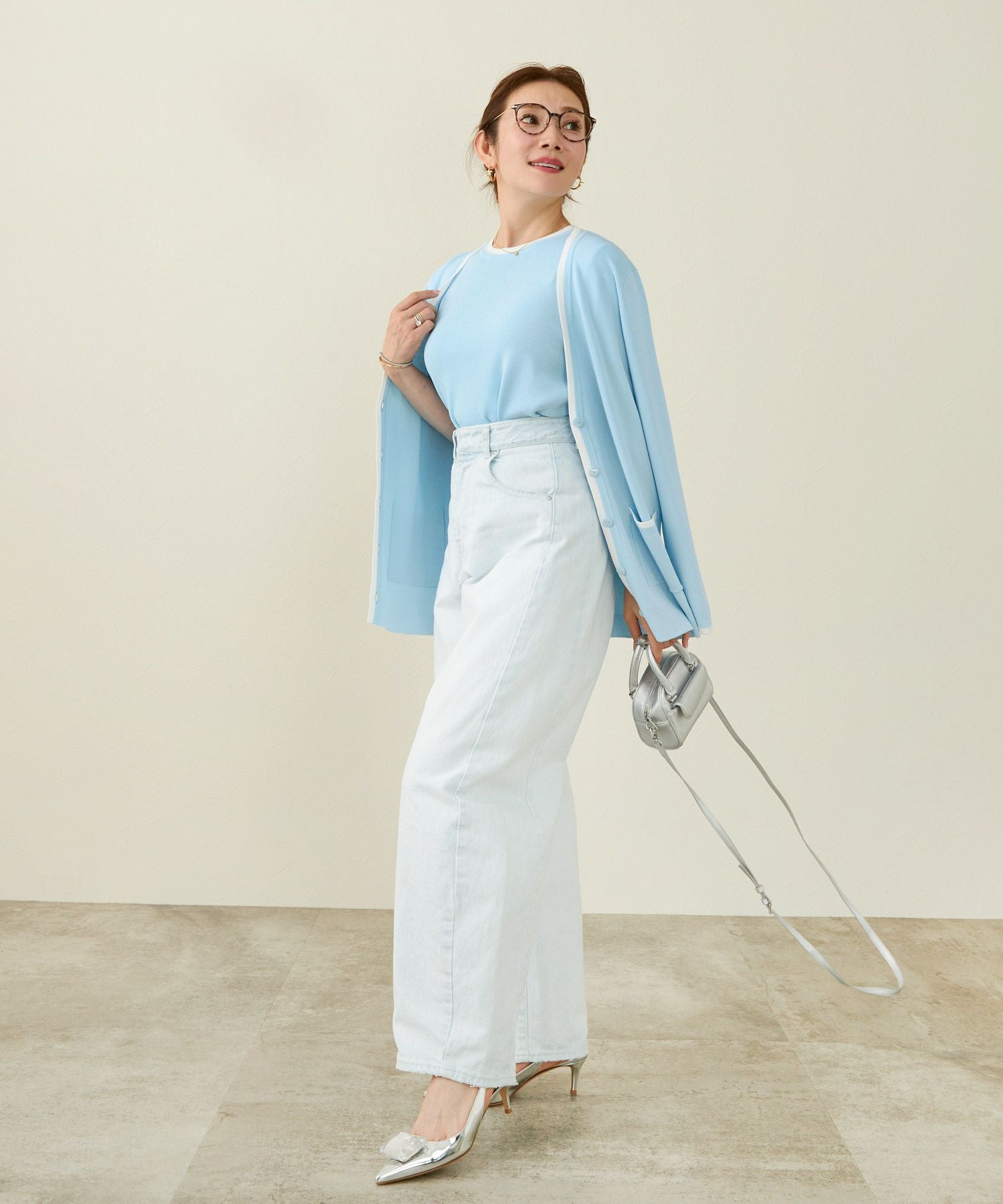 2点セット バイカラー Vネック カーディガン & 半袖 ニット