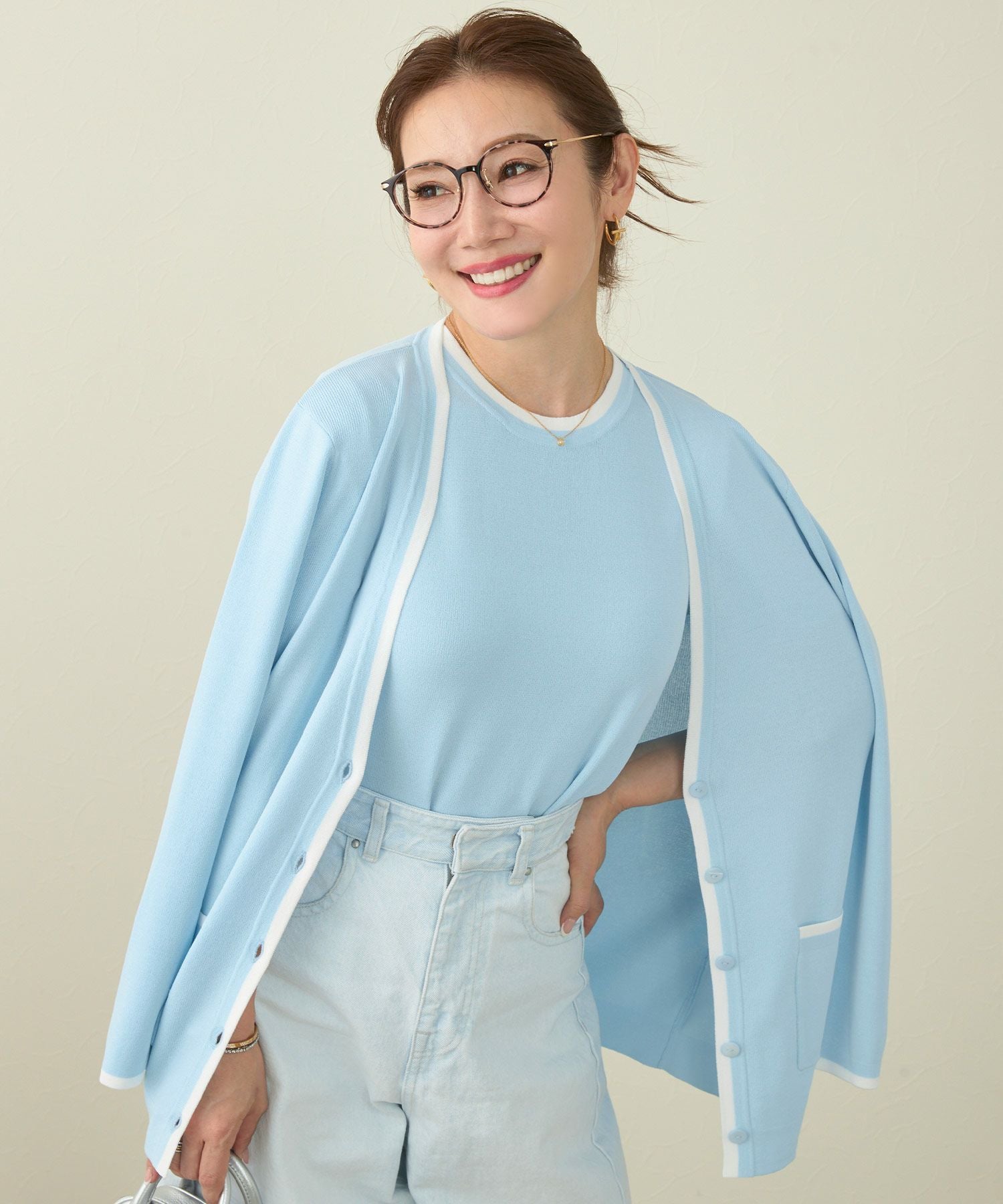 2点セット バイカラー Vネック カーディガン & 半袖 ニット