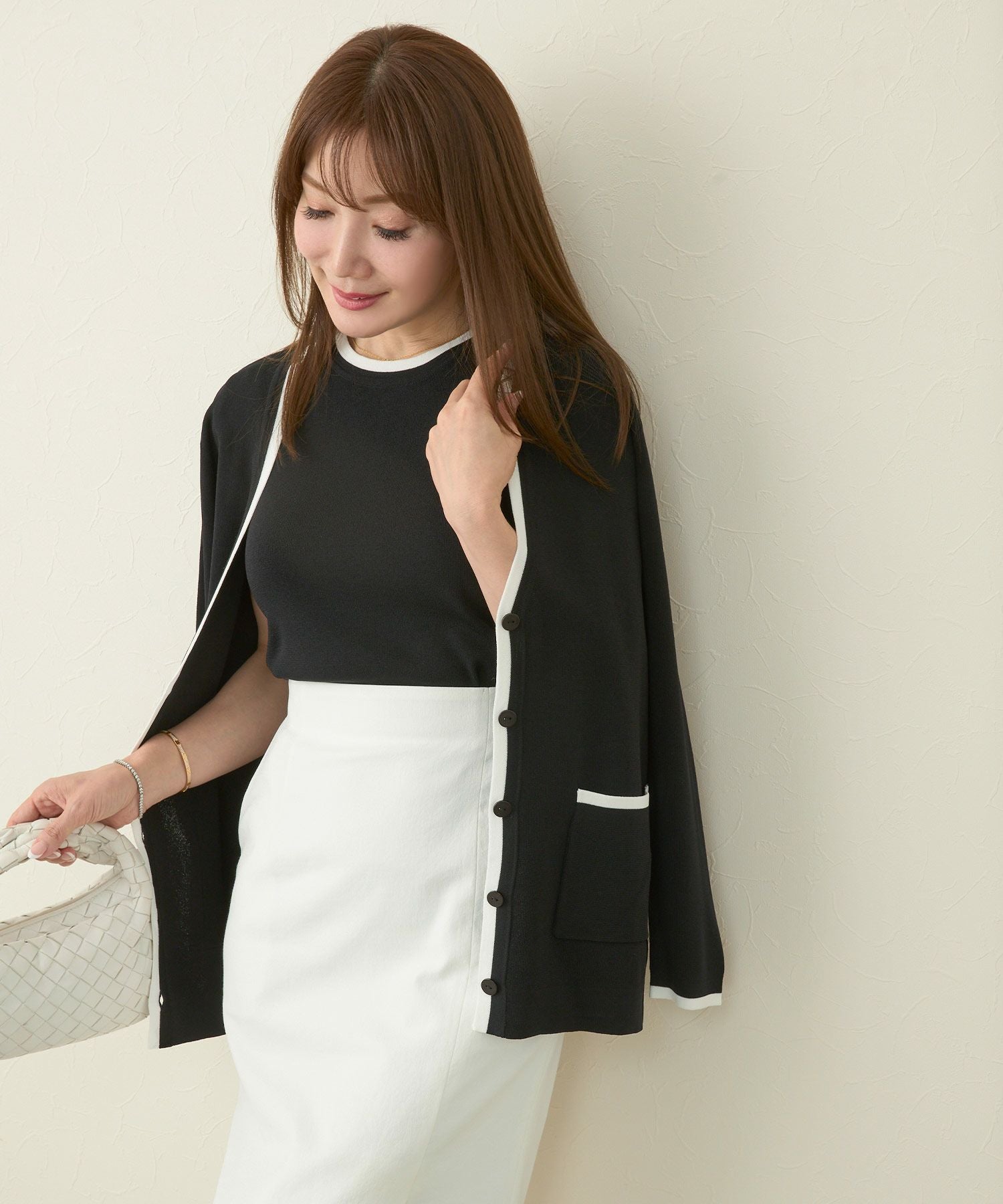 2点セット バイカラー Vネック カーディガン & 半袖 ニット