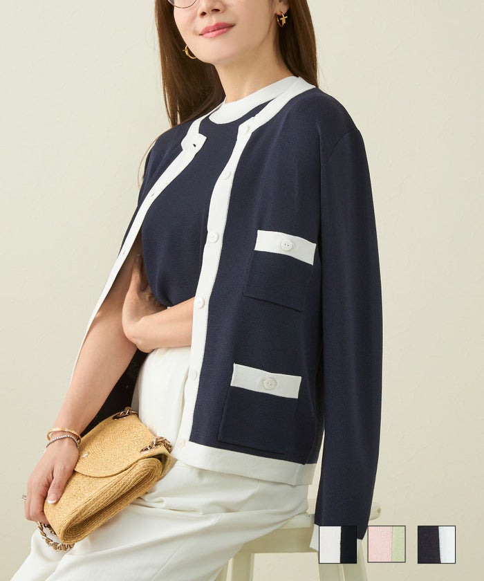 手洗い可 サマーニット洗える半袖長袖アンサンブルニットバイカラー春夏秋トップスレディース大人きれいめオフィスジョイントスペース 2点セット バイカラー クルーネック カーディガン & ノースリーブ ニット アンサンブル Liala×PG