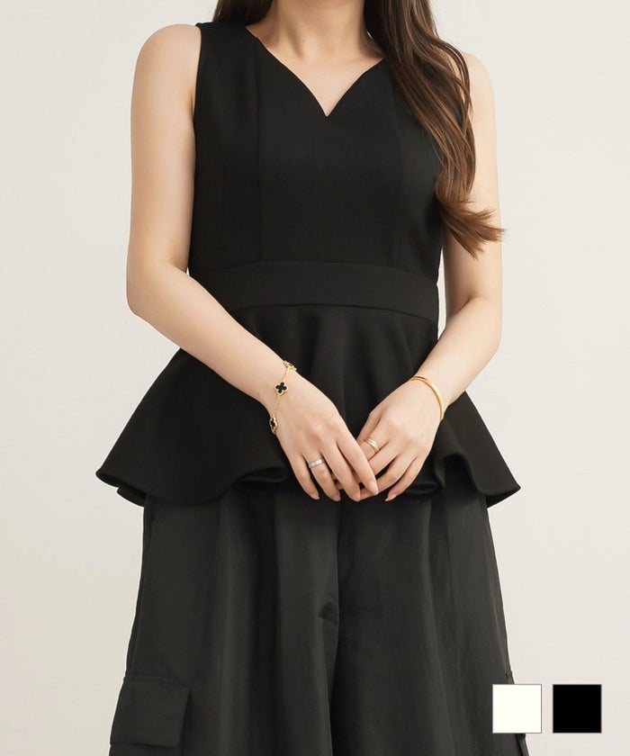 トップス 通販 ブラウス ペプラム レディース ノースリーブ 白 黒 春 夏 秋 かわいい 大人 ジョイントスペース ダンボールニット ペプラム フレアヘム トップス Joint Space×aya