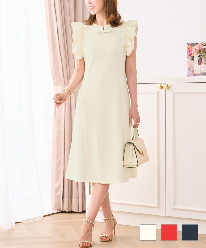 ワンピース フリル 白 リボン 大人 上品 かわいい きれいめ 色 襟 春 夏 秋 赤 一枚 無地 ジョイントスペース フリルスリーブ リボン付き リラックス ワンピース Prima Scherrer