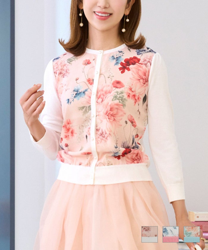 ウォッシャブル ニット シフォン カーディガン 切り替え ドッキング トップス 白 ピンク 春夏 秋 レディース ジョイントスペース サマーニット プリントシフォンコンビ ７分袖 カーディガン Prima Scherrer