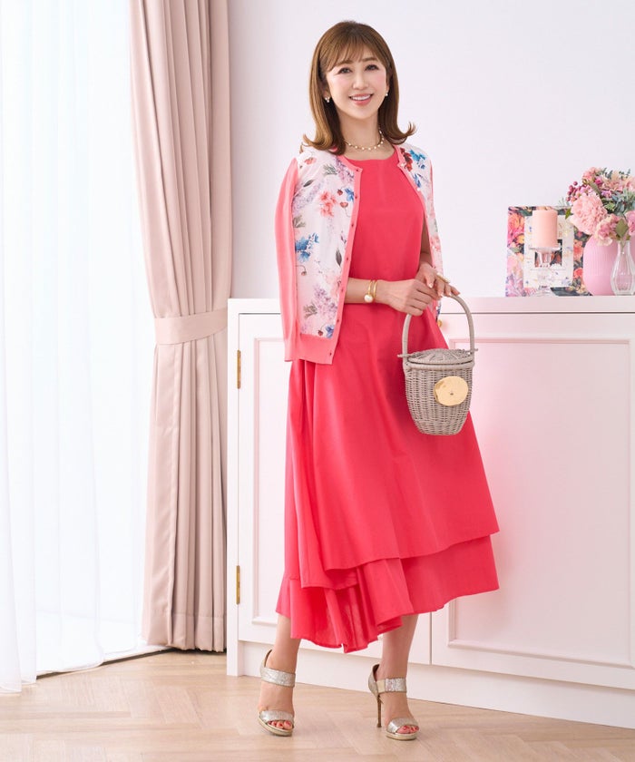 ウォッシャブルニットシフォンカーディガン切り替えドッキングトップス白ピンク春夏秋レディースジョイントスペース