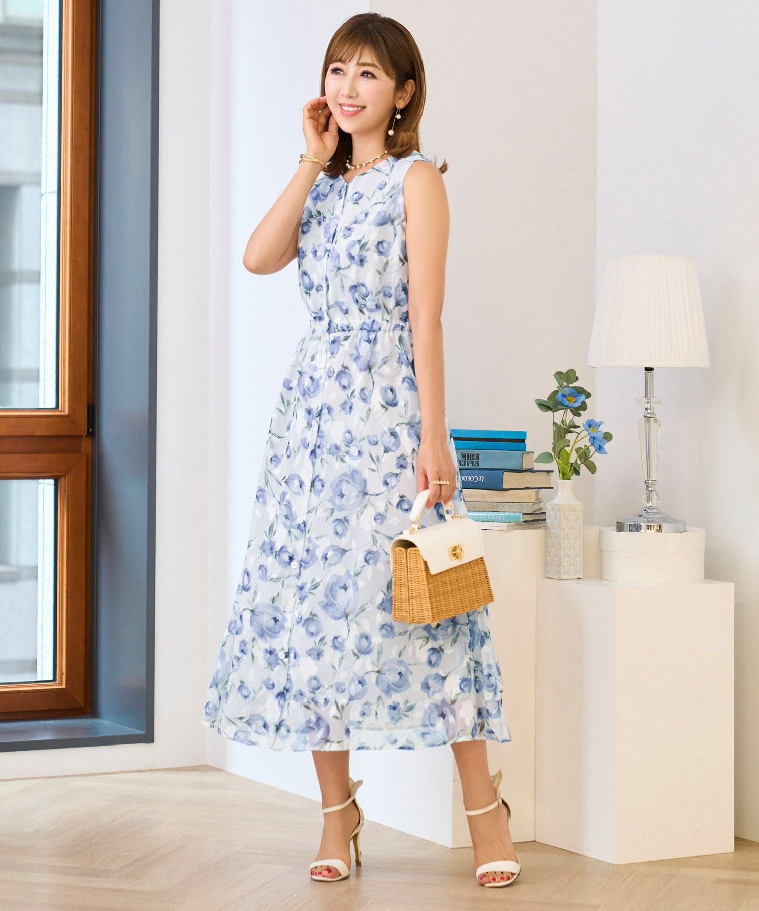 シフォンプリント フロントボタン ギャザー ワンピース Prima Scherrer