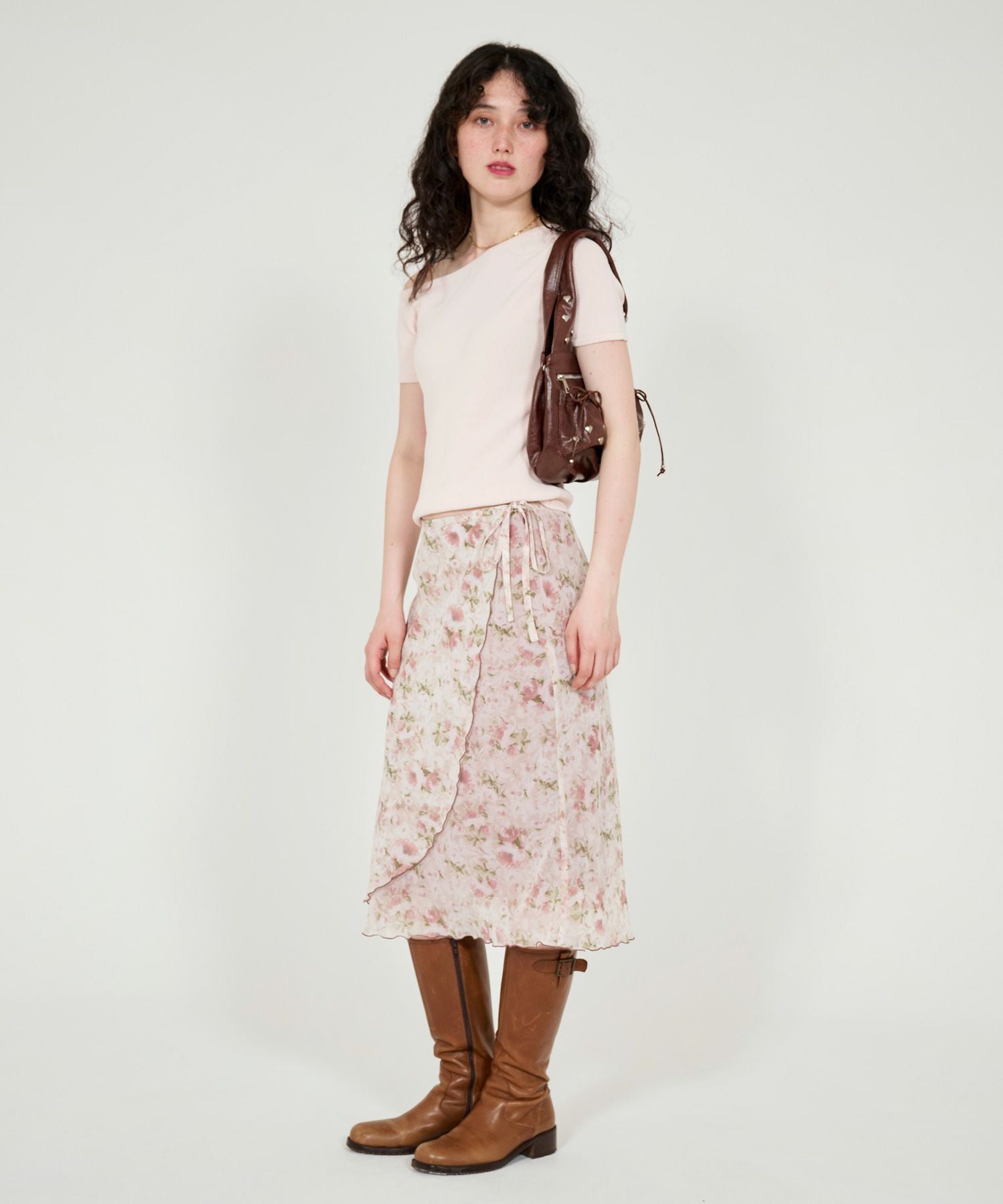 らくや　古布　手縫　粉袋トップス　紅花染スカート　セットアップ ラップ風 花柄スカート TINA：JOJUN 全2色｜tnj621-0853【1