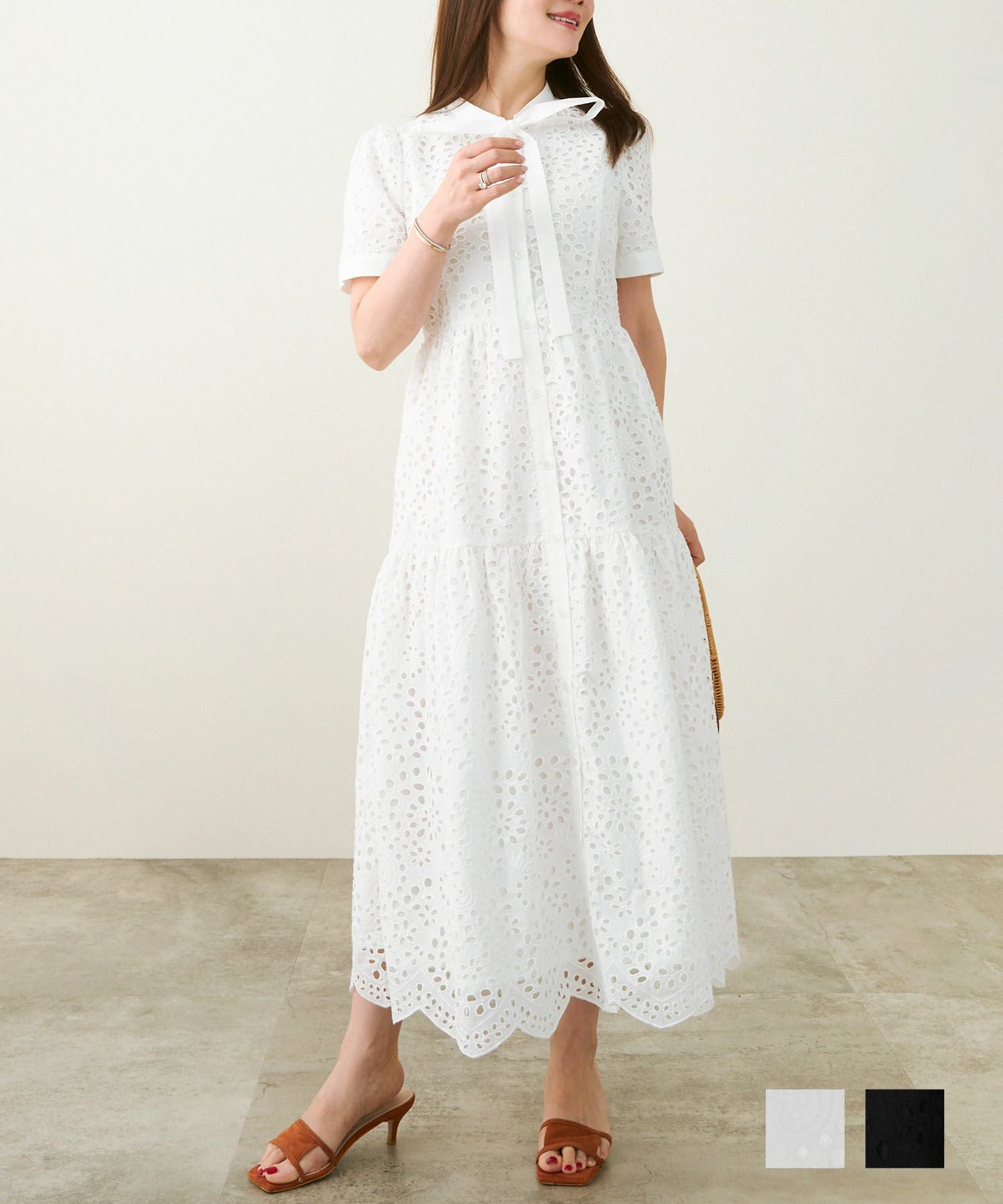 コットンレース スカラップヘム ボウタイ ワンピース 半袖 Liala×PG 全