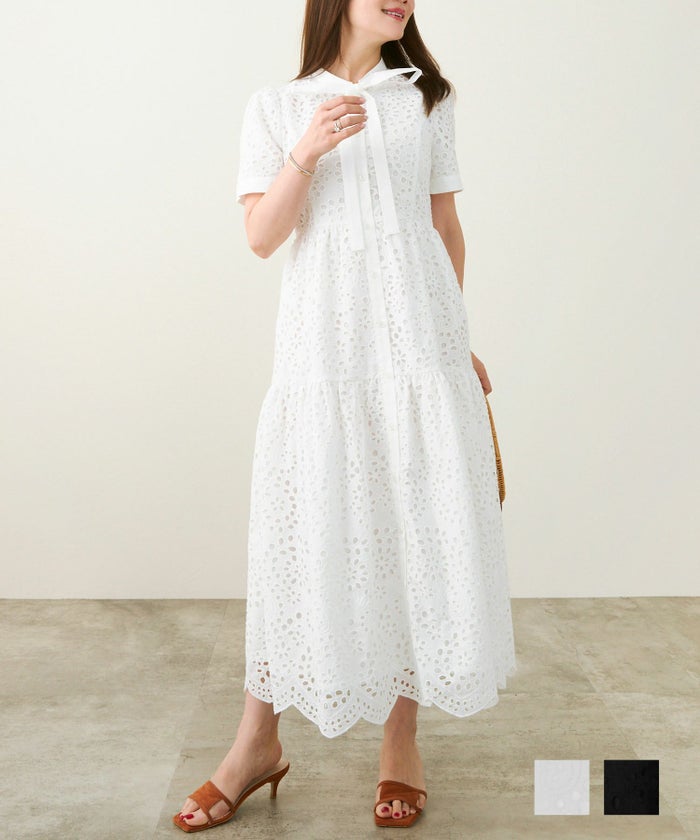 手洗い可 レース ワンピース 半袖 白黒 レディース 白い 洗える 春夏 秋 かわいい 大人 ロング ジョイントスペース コットンレース スカラップヘム ボウタイ ワンピース 半袖 Liala×PG