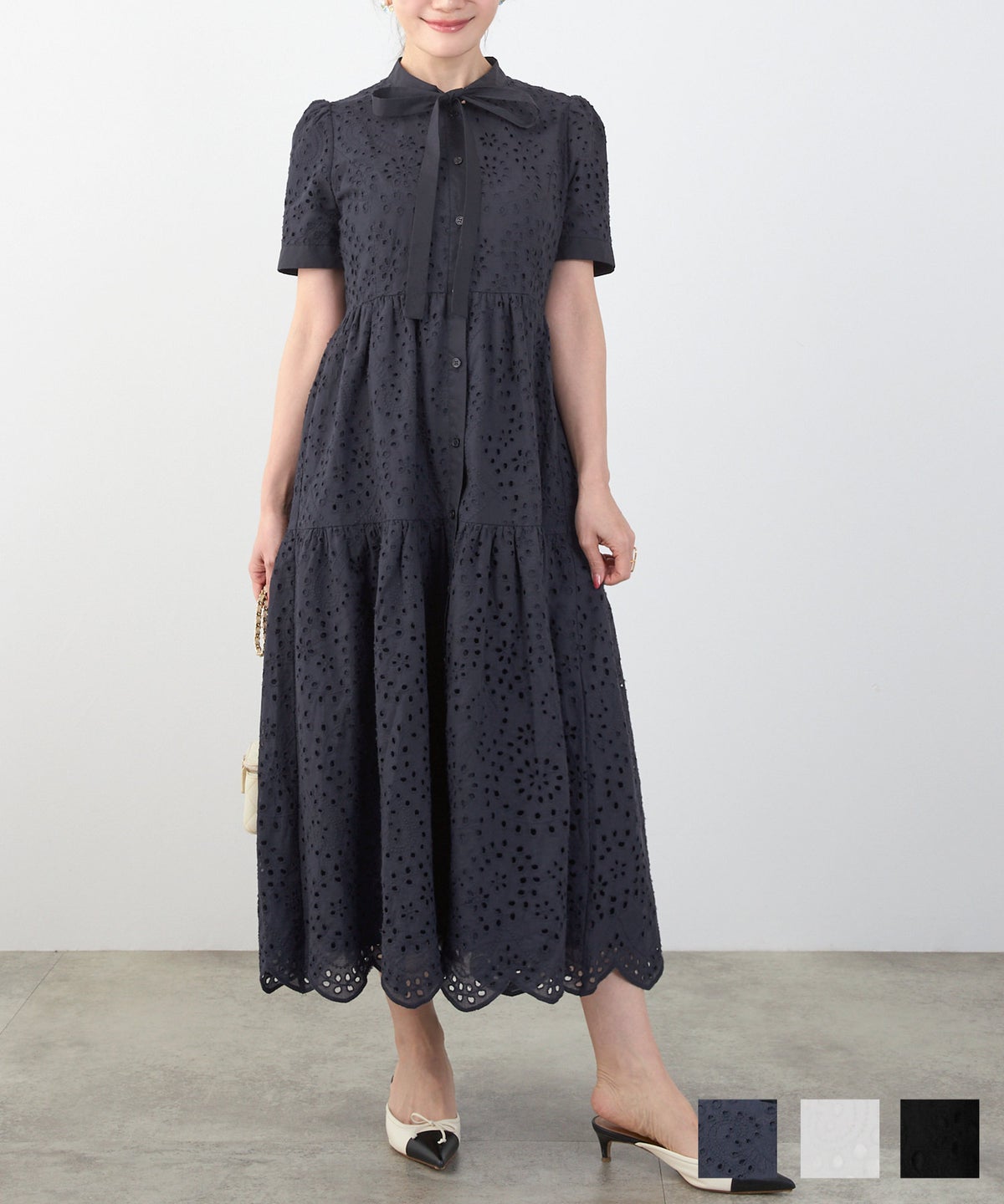 コットンレース スカラップヘム ボウタイ ワンピース 半袖 Liala×PG 