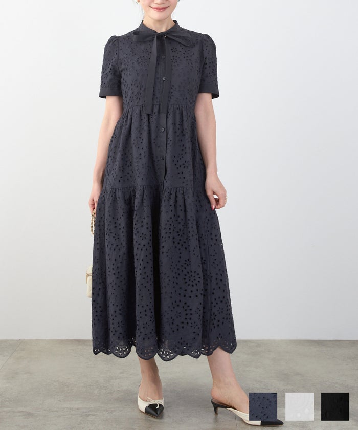 コットンレース スカラップヘム ボウタイ ワンピース 半袖 Liala×PG 