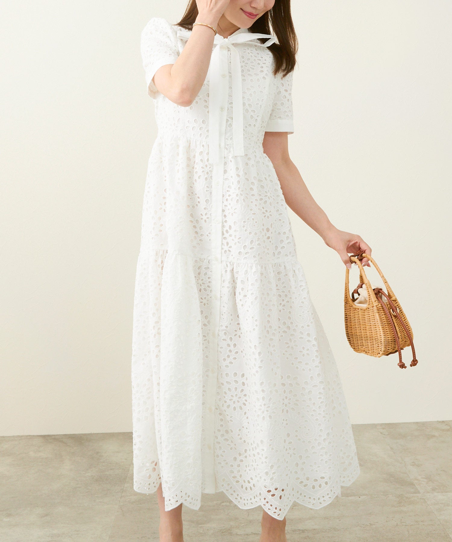 コットンレース スカラップヘム ボウタイ ワンピース 半袖 Liala×PG 全