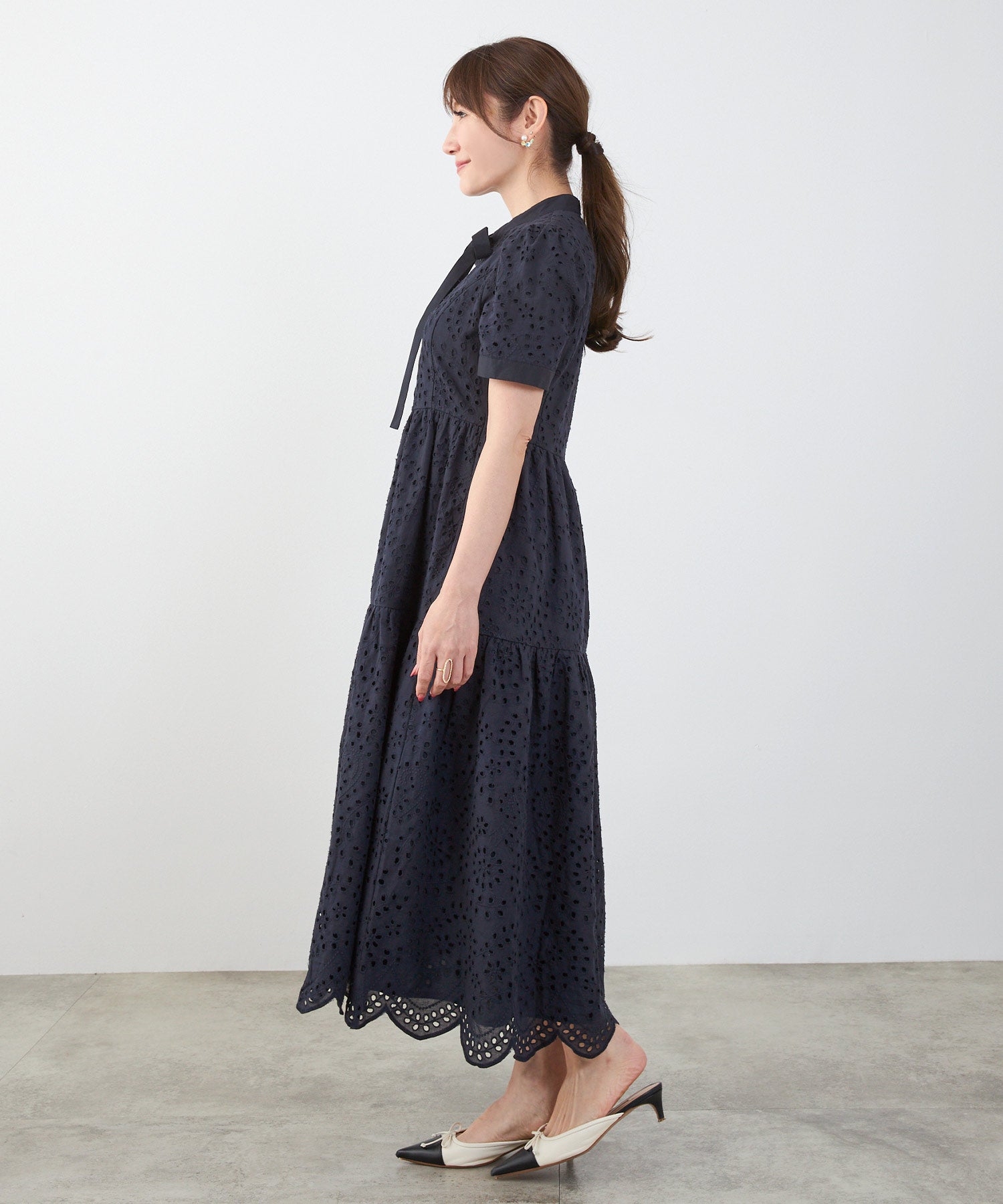 コットンレース スカラップヘム ボウタイ ワンピース 半袖 Liala×PG 全