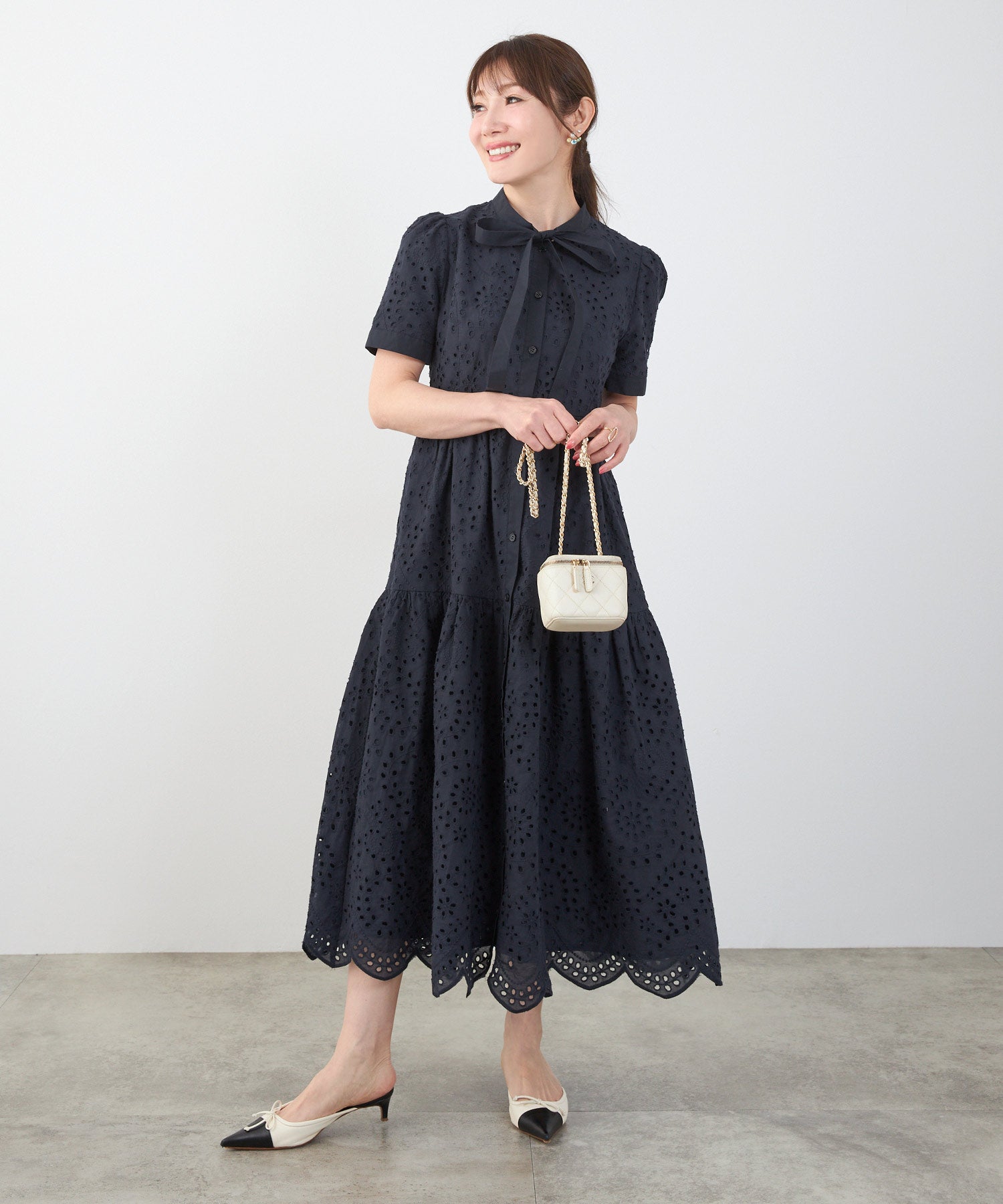 コットンレース スカラップヘム ボウタイ ワンピース 半袖 Liala×PG 全