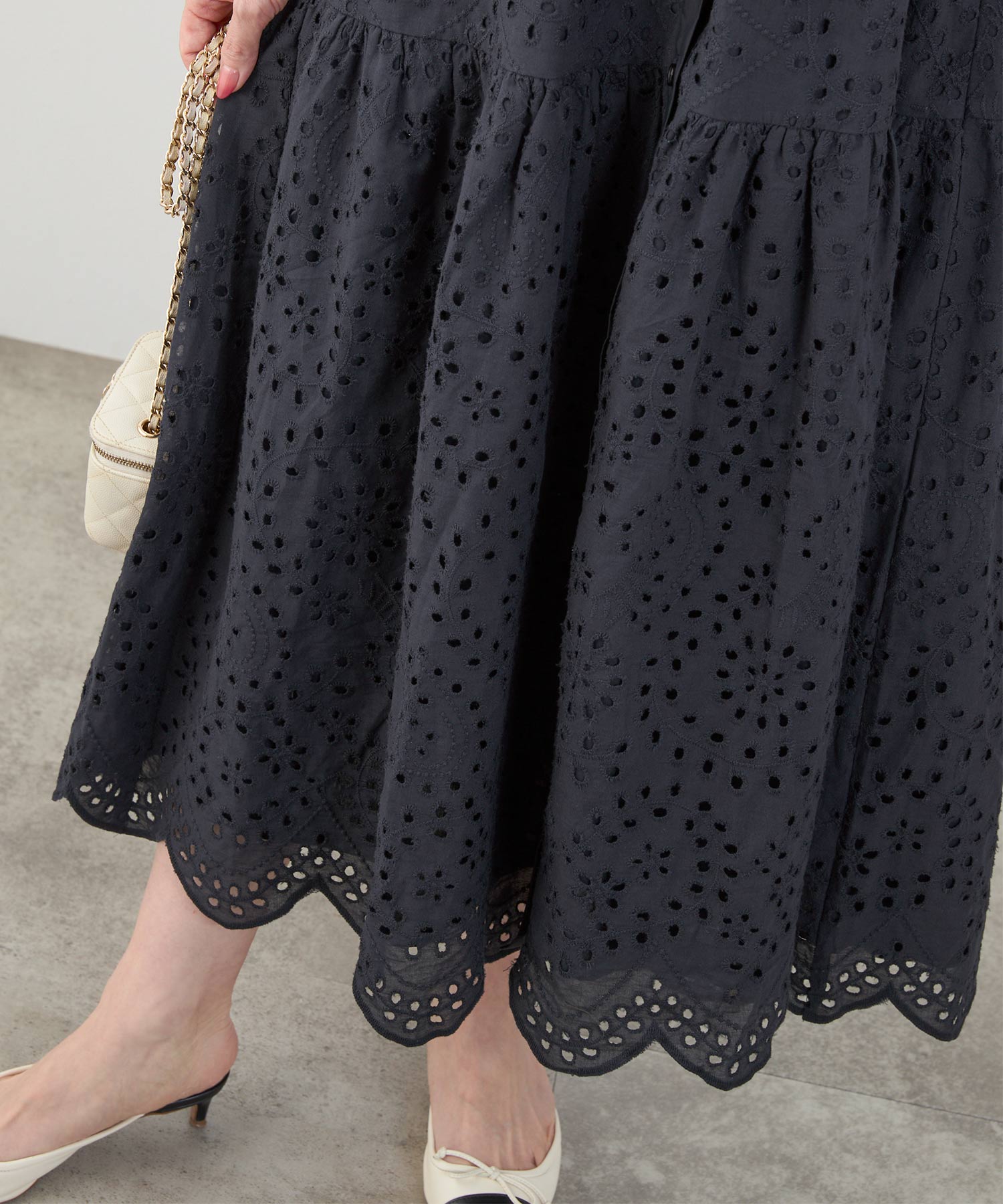 コットンレース スカラップヘム ボウタイ ワンピース 半袖 Liala×PG 全