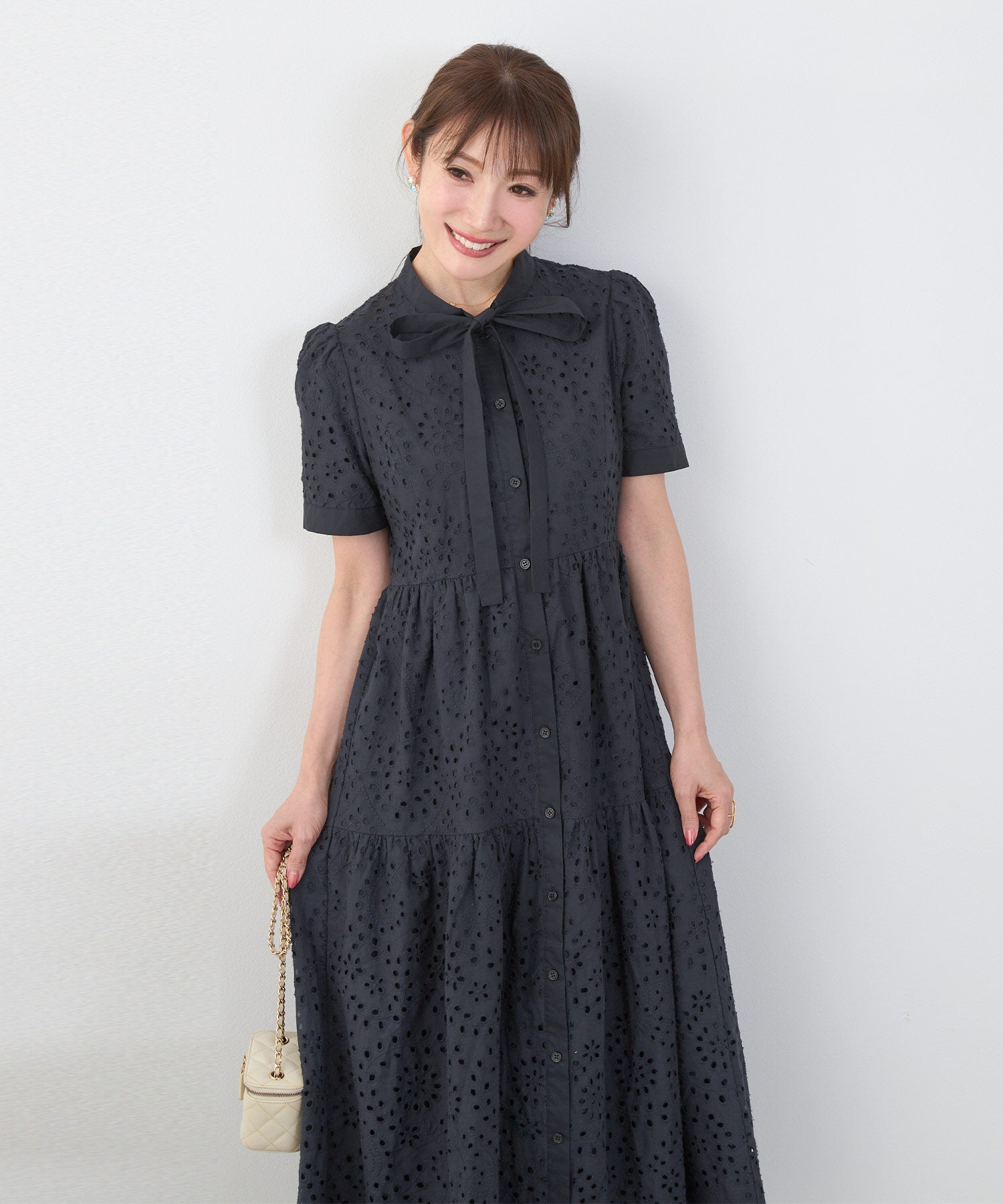 コットンレース スカラップヘム ボウタイ ワンピース 半袖 Liala×PG 全