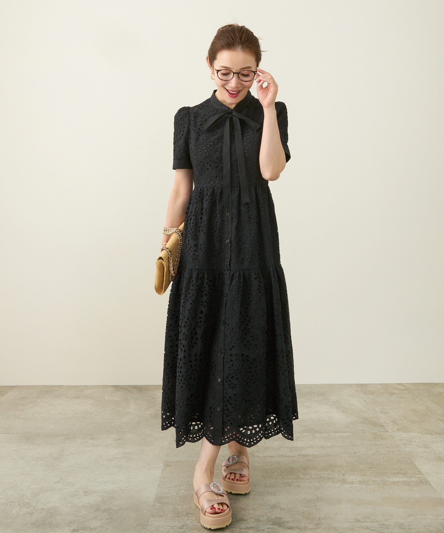 コットンレース スカラップヘム ボウタイ ワンピース 半袖 Liala×PG 全