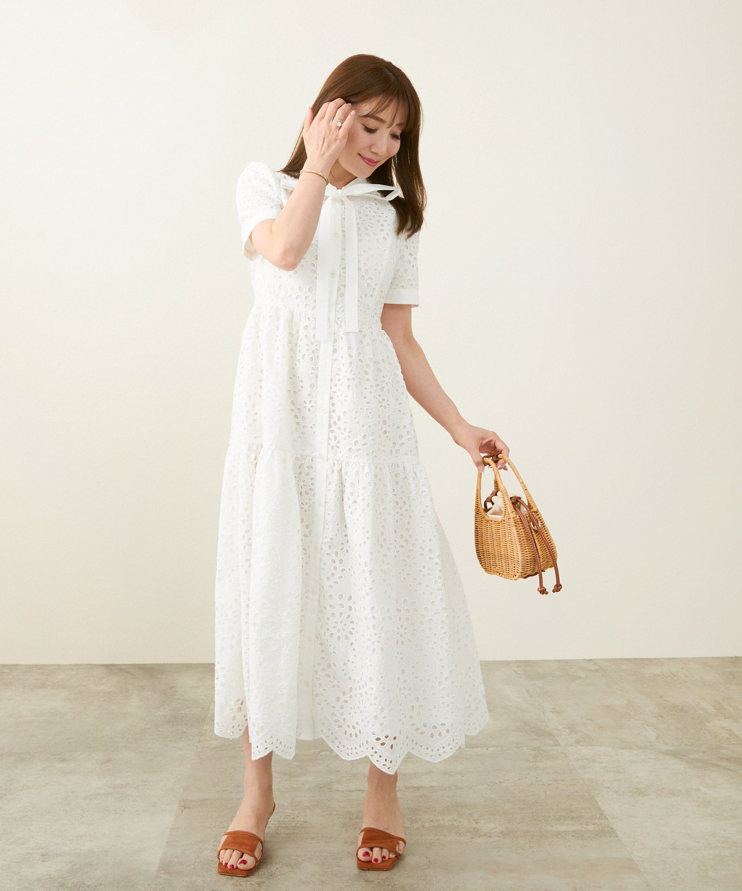 コットンレース スカラップヘム ボウタイ ワンピース 半袖 Liala×PG 全