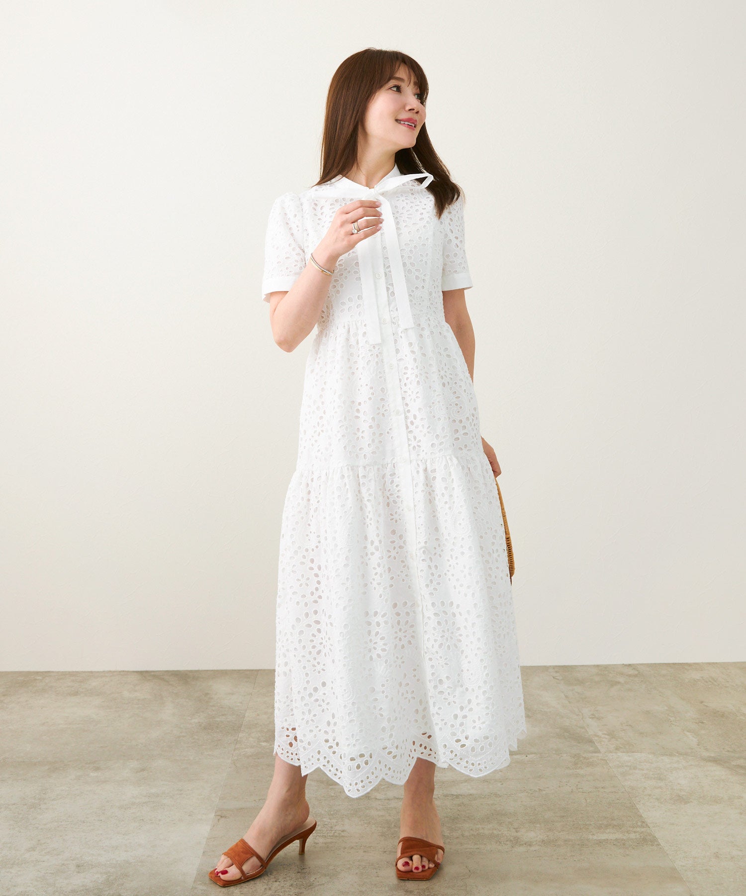 コットンレース スカラップヘム ボウタイ ワンピース 半袖 Liala×PG 全