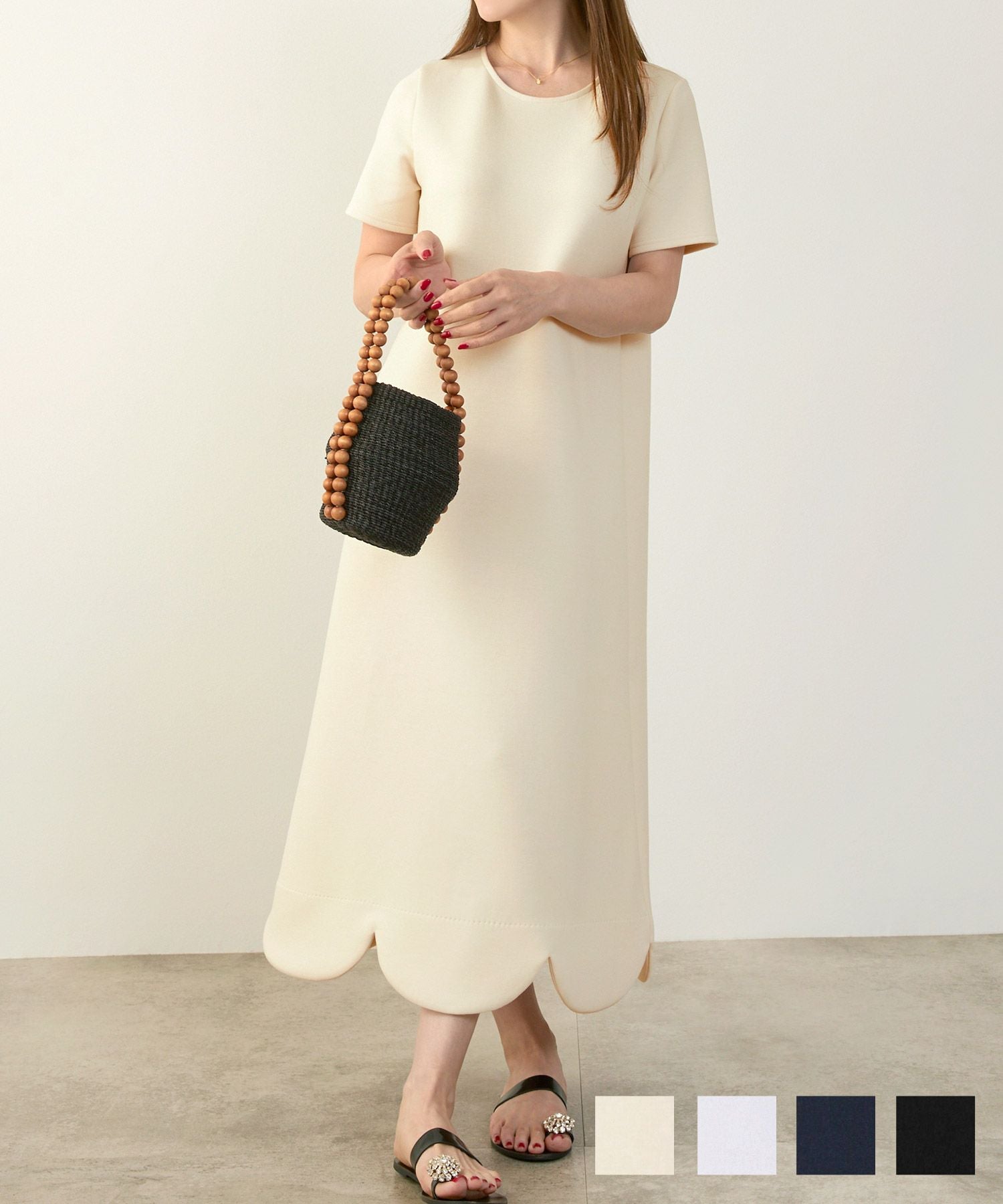 NOKO OHNO ブラックスカラップヘム ワンピース ダンボールニット スカラップヘム ワンピース 半袖 Liala×PG 全4色