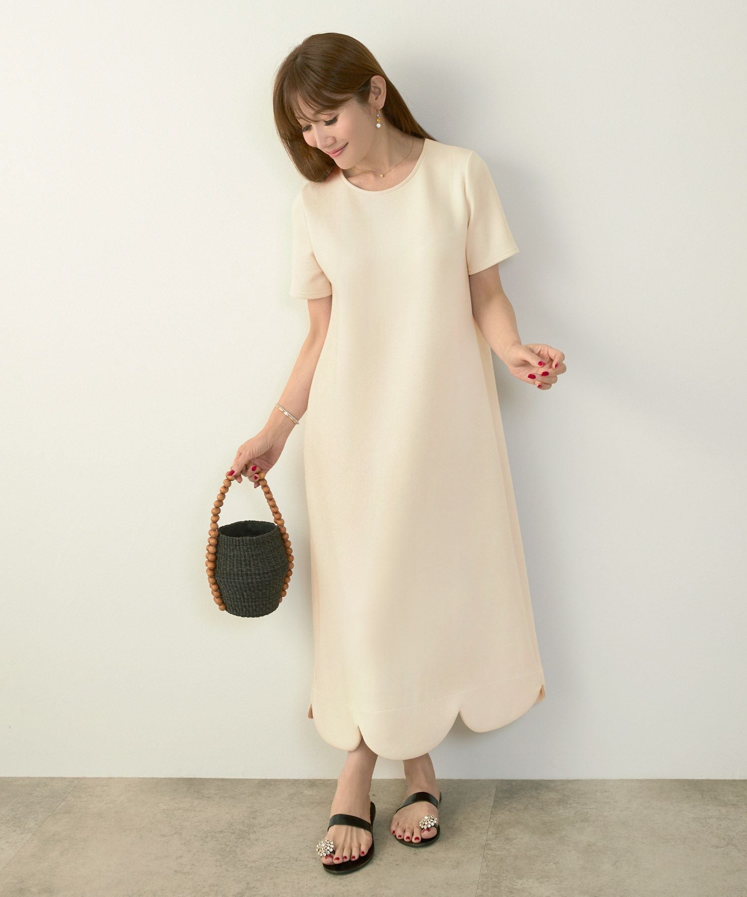 ダンボールニット スカラップヘム ワンピース 半袖 Liala×PG 全4色