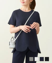 手洗い可 日本製 トップス スカラップ ダンボールニット 春夏 秋 白黒 ウォッシャブル 洗える 動きやすい ジョイントスペース ダンボールニット スカラップヘム プルオーバー 半袖 Liala×PG