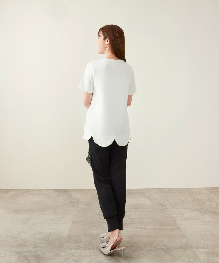 手洗い可/日本製トップススカラップダンボールニット春夏秋白黒ウォッシャブル洗える動きやすいジョイントスペース