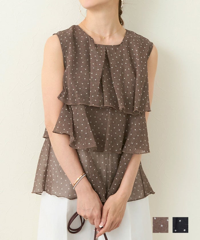 手洗い可 セレクト シアー ブラウス トップス レディース 黒 春夏 服 フリルティアード 大人 かわいい ジョイントスペース シアー星プリント ティアード ブラウス ノースリーブ Liala×PG