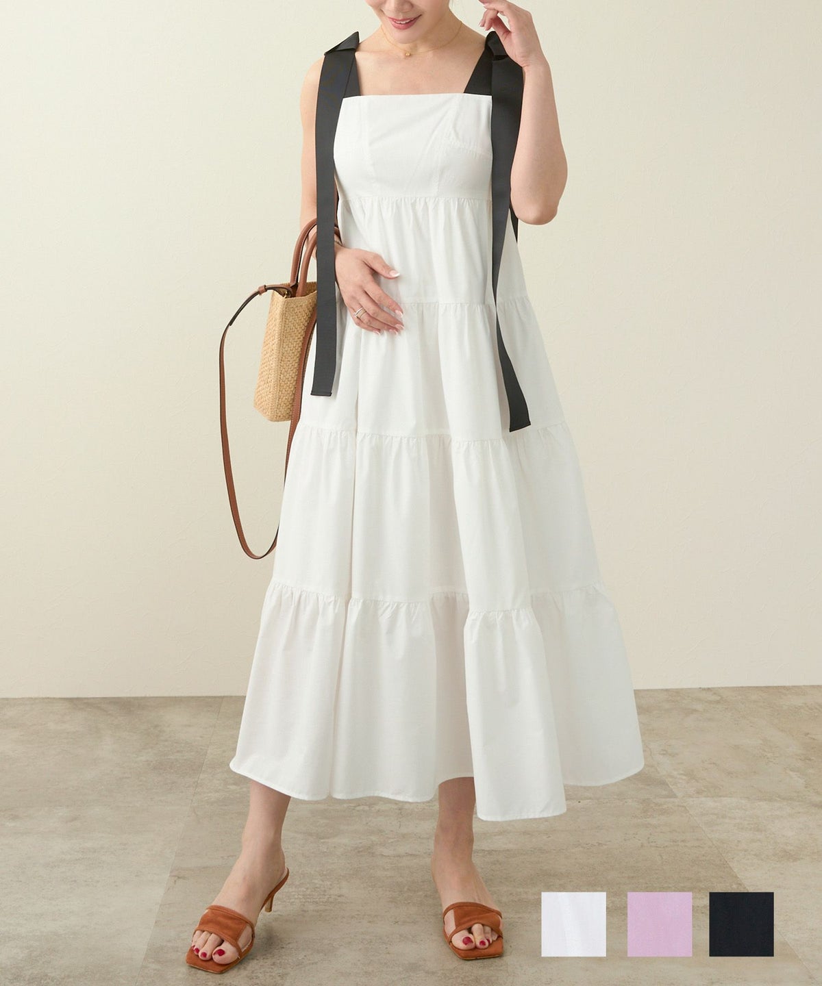 手洗い可  ワンピース ロング 春夏 秋 白黒 リボン 大人 かわいい 色 無地 きれいめ 洗濯できる ジョイントスペース 肩リボン ティアード ロングワンピース Liala×PG