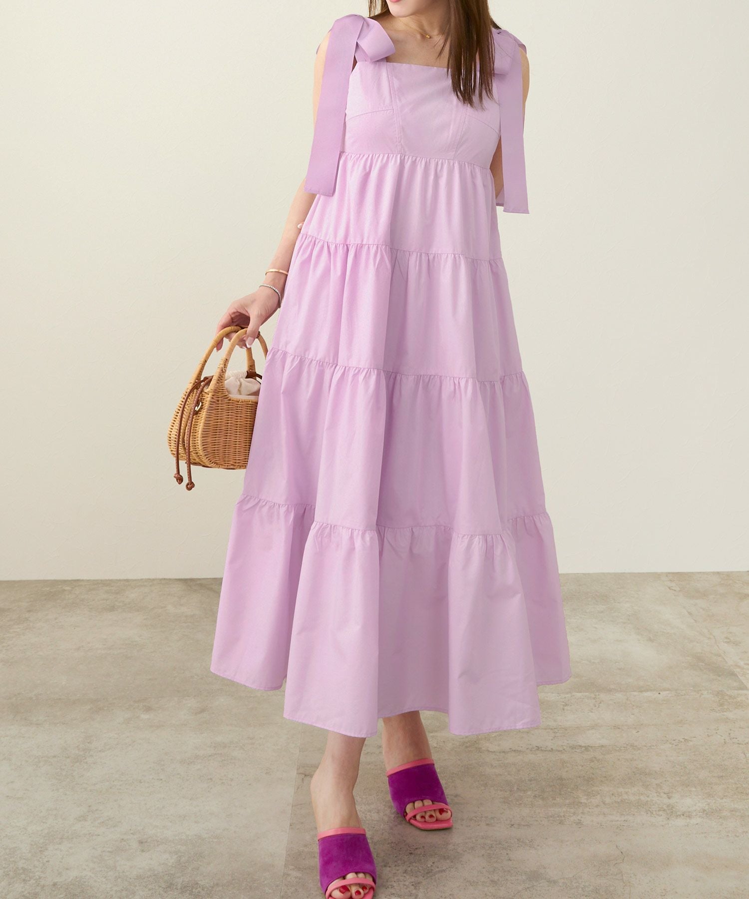 完売商品Liala×PG ロング丈ティアードワンピース ピンク Sサイズ 肩リボン ティアード ロングワンピース Liala×PG 全3色｜lpg321-1953