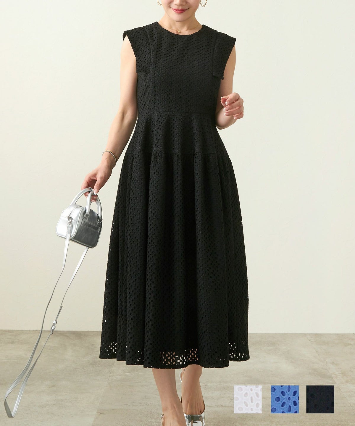 手洗い可  ワンピース レース 白黒 綿 ロング 春夏 秋 大人 お呼ばれ かわいい きれいめ 清楚 洗濯 ジョイントスペース プチスリーブ コットン 総レース ワンピース Liala×PG