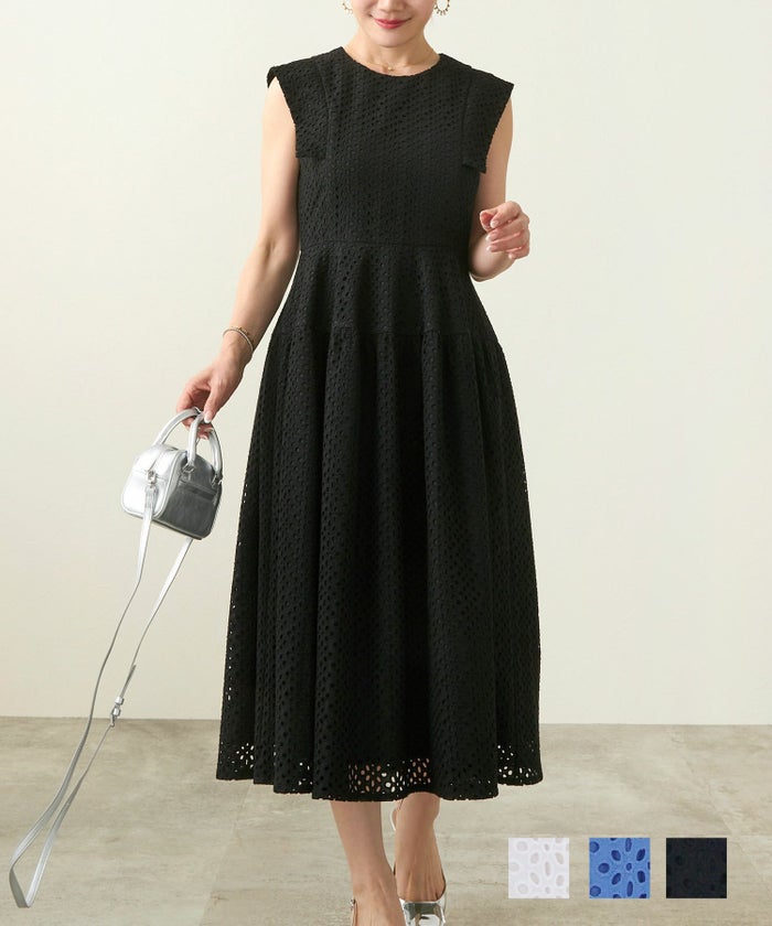 手洗い可  ワンピース レース 白黒 綿 ロング 春夏 秋 大人 お呼ばれ かわいい きれいめ 清楚 洗濯 ジョイントスペース プチスリーブ コットン 総レース ワンピース Liala×PG