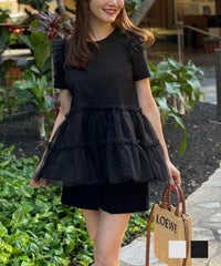 手洗い可  レディース おしゃれ トップス フリル パンツコーデ コットン ひらひら 半袖 白黒 かわいい きれいめ ジョイントスペース チュール ティアード カットソー プルオーバー Liala×PG