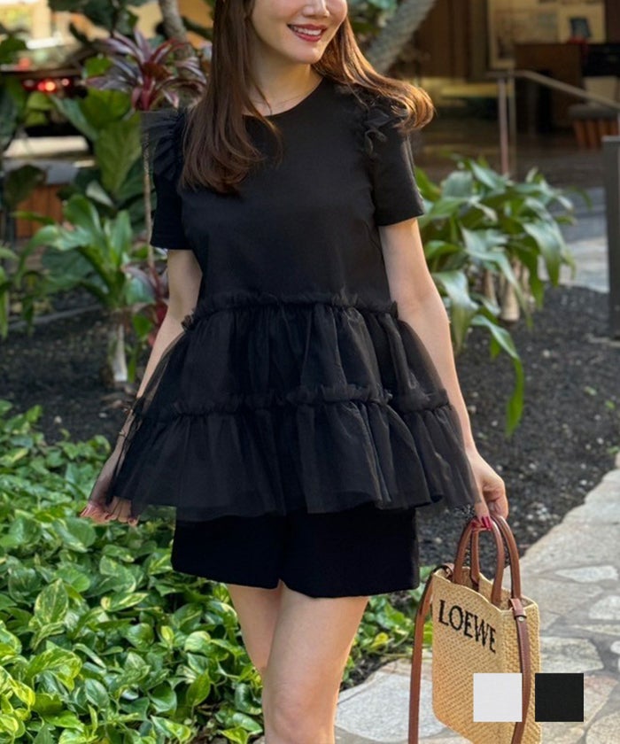 手洗い可  レディース おしゃれ トップス フリル パンツコーデ コットン ひらひら 半袖 白黒 かわいい きれいめ ジョイントスペース チュール ティアード カットソー プルオーバー Liala×PG