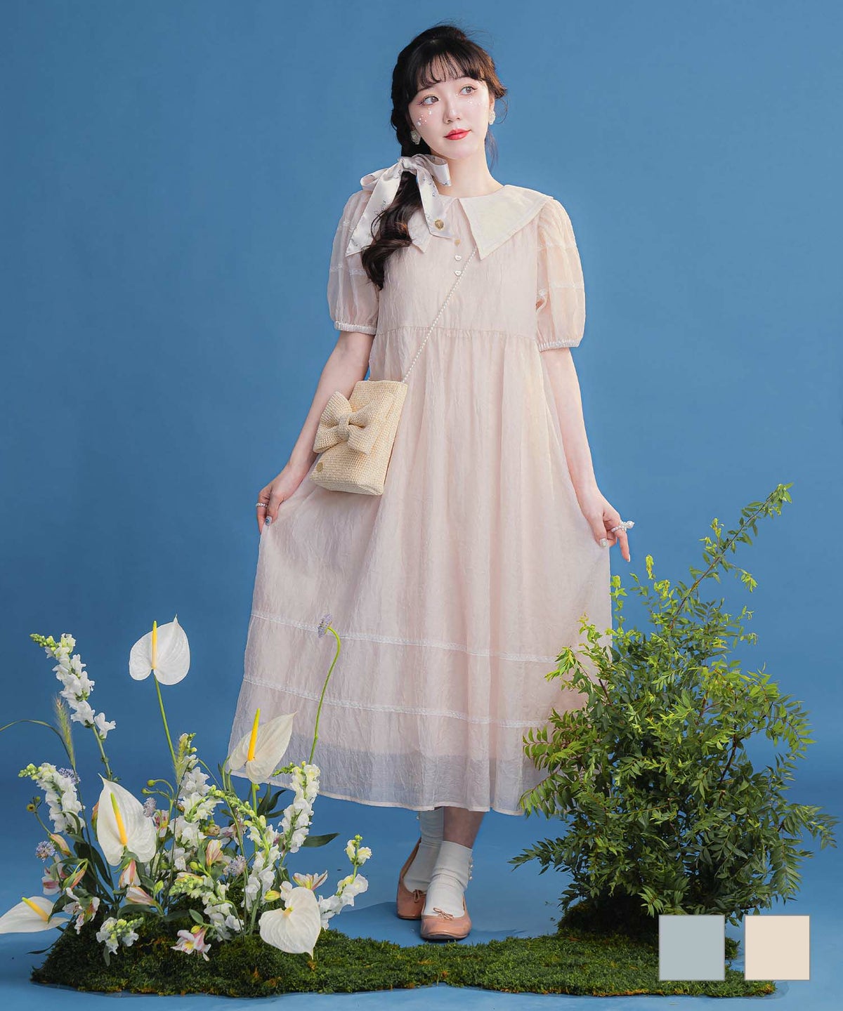 ワンピース 半袖 パフスリーブ ロング 夏 ブルー ベージュ M ハート 釦 ワンピース miolite