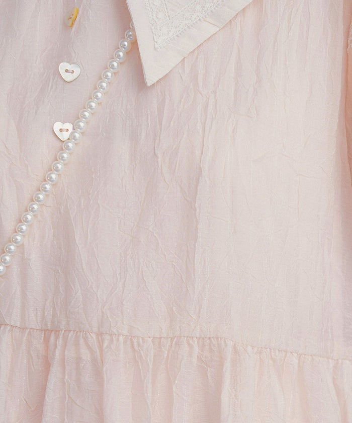 半袖 パフスリーブ ロング 夏 ハート 釦 ワンピース ブルー ベージュ M